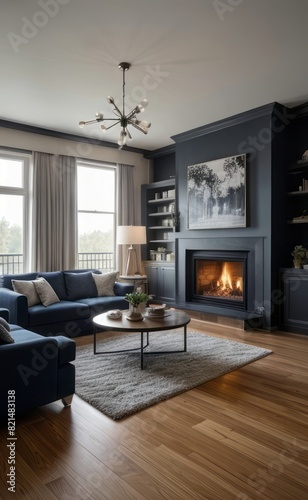 Modern professional photograph of a navy blue and silver luxury living room interior with floor-to-ceiling windows and a cozy fireplace