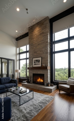 Modern professional photograph of a navy blue and silver luxury living room interior with floor-to-ceiling windows and a cozy fireplace
