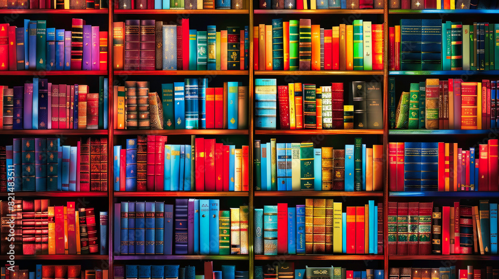 library book shelves packed with colorful books, soft smooth lighting premium quality