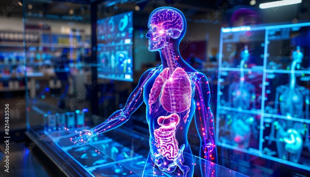 A holographic display of the human body with organs illuminated for interactive anatomy study.