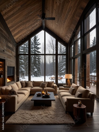 A double-height ceiling living room with a large  floor-to-ceiling window on one side log cabin