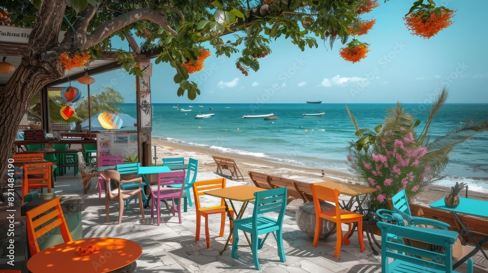 Terrace with colorful tables and chairs in an area near the sea. Generative AI.