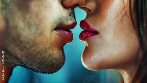 Close-up of man and woman nearly kissing, focusing on lips nose photo