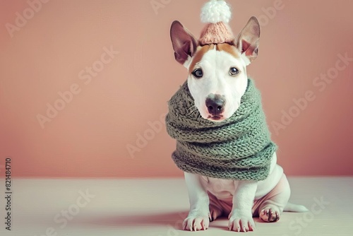 adorable fluffy bull terrier plush toy dressed in cozy winter clothing isolated on soft pastel background pet photography photo