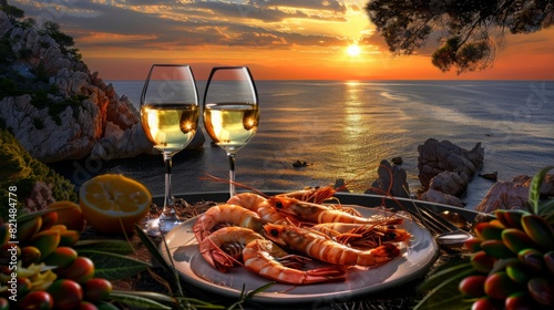 Two glasses of white wine and plate of shrimps on the background of the sea at sunset, Dinner with seafood and red wine against the backdrop of a sea sunset, AI Generated photo