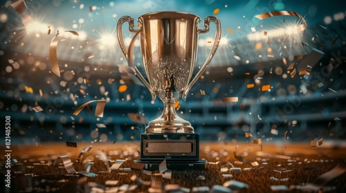 Winners trophy in a football stadium with celebration confetti.