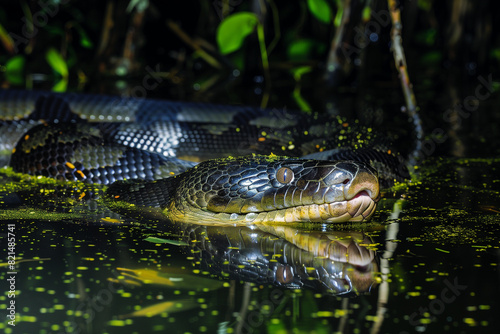 Anaconda snake swimming in a swamp, a powerful reptile gliding through murky waters, showcasing the danger and beauty of wildlife