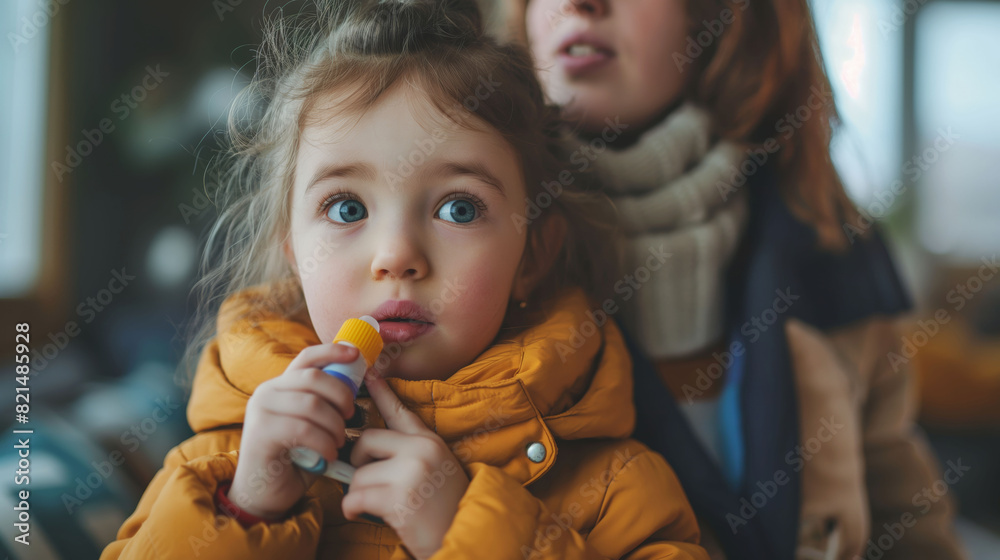 A little girl in a yellow coat holding a lip balm, with a woman in the background wearing a scarf, in an indoor setting. A little girl in a yellow coat holding a lip balm, with a woman in the background wearing a scarf, in an indoor setting.