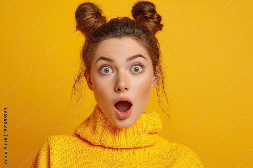 Model Shock Surprise Joy Overjoy Elated Portrait of a Person, Bright Vibrant Color Background, Fashion Yellow Backdrop, Yelling Shouting People, Wow Amazing No Way Excited Face