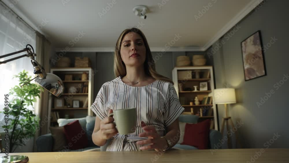 Concentrated young successful businesswoman in sitting at desk, giving professional consultation distantly and drinking coffee in the middle of the conversation Concentrated young successful businesswoman in sitting at desk, giving professional consultation distantly and drinking coffee in the middle of the conversation