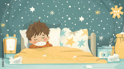 An illustration of a sick child resting in bed, surrounded by tissues and a warm blanket, with a starry night background.