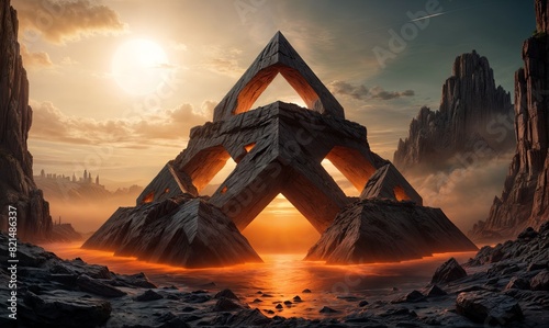 triangular mountain with a doorway in the center, surrounded by glowing orange flames and rocks.