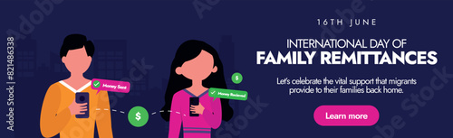 International day of Family remittances. 16th June International day of family remittances cover banner, post with boy sending money online to a girl. The day praise people who support their families