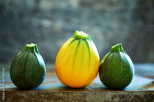 Fresh home-grown round zucchini on a gray metal background photo