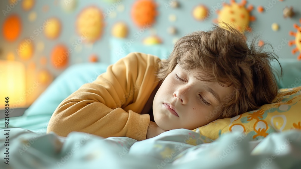 A child sleeping peacefully in a bed with a yellow blanket, surrounded by colorful wall decorations, creating a cozy bedtime scene. A child sleeping peacefully in a bed with a yellow blanket, surrounded by colorful wall decorations, creating a cozy bedtime scene.