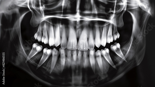 A black and white X-ray image showing the teeth and jaw structure of a human skull with a ghostly, ethereal appearance. photo