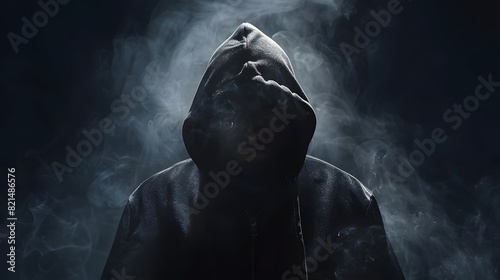 Hooded man in dark background with smoke. A mysterious figure of a faceless male person wearing a black hoodie