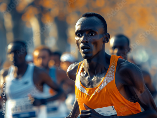 A man in an orange shirt runs in a race with other runners