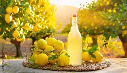 Bottle of tasty limoncello. Bottle of fresh homemade lemonade.  photo