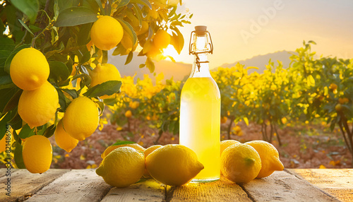 Bottle of fresh homemade lemonade aganist garden view. Bottle of tasty limoncello. 