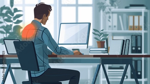 An illustration of a man sitting at a desk with a glowing red area on his upper back, indicating pain or discomfort while working on a computer.