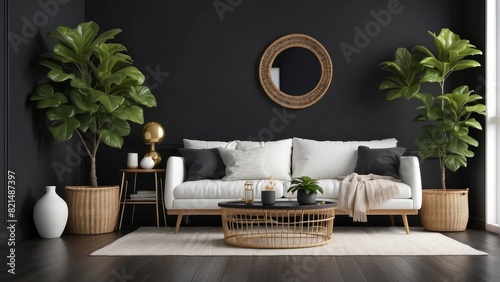 Living room interior with Crisp White sofa  and fiddle leaf tree in wicker basket on Black wall