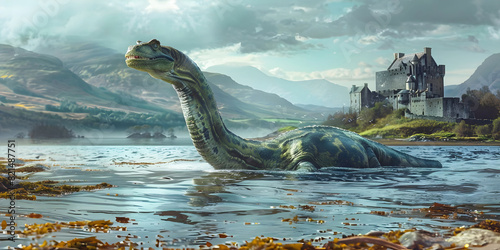 Loch Ness Monster Nessie in lake. AI generated.	
 photo