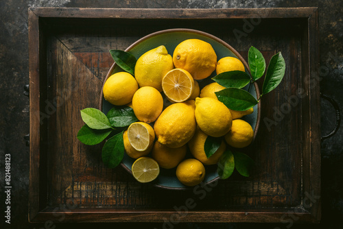 Variety of Lisbon and Meyer Lemons, some cut, with fresh leaves, arrangred in blue ceramic bowl. Set in rustic wood box photo