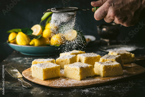 Side angle action shot of male hand sprinkling powdered sugar over lemon cake squares, bowl of lemon in BG photo
