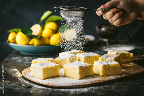 Side angle action shot of female hand sprinkling powdered sugar over lemon cake squares, bowl of lemons in BG
