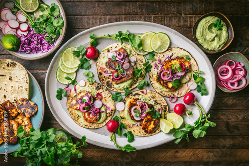 Platter of Halloumi cheese tacos with colorful garnishes on platter, with bowls of vegetables, guacamole, and pickled red onions photo