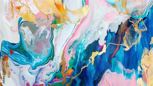 Abstract acrylic painting with colorful swirls and splashes of gold, blue, pink, white, teal, and green, with a marble effect, spatula style, vector background
