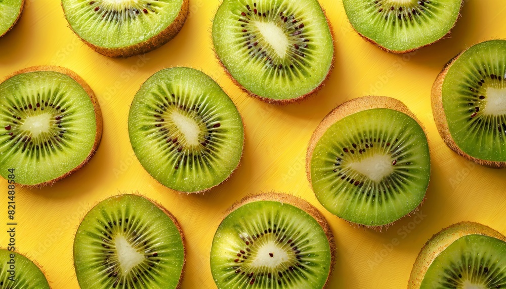 Fototapeta premium Kiwi fruit slices fanned out, their emerald green flesh contrasting a sunny yellow background.