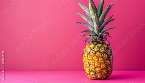 A solitary perfect pineapple on a vivid fuchsia pink background.