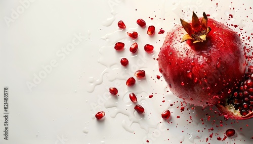 A single pomegranate burst open, vibrant arils spilling onto a pure white backdrop. photo