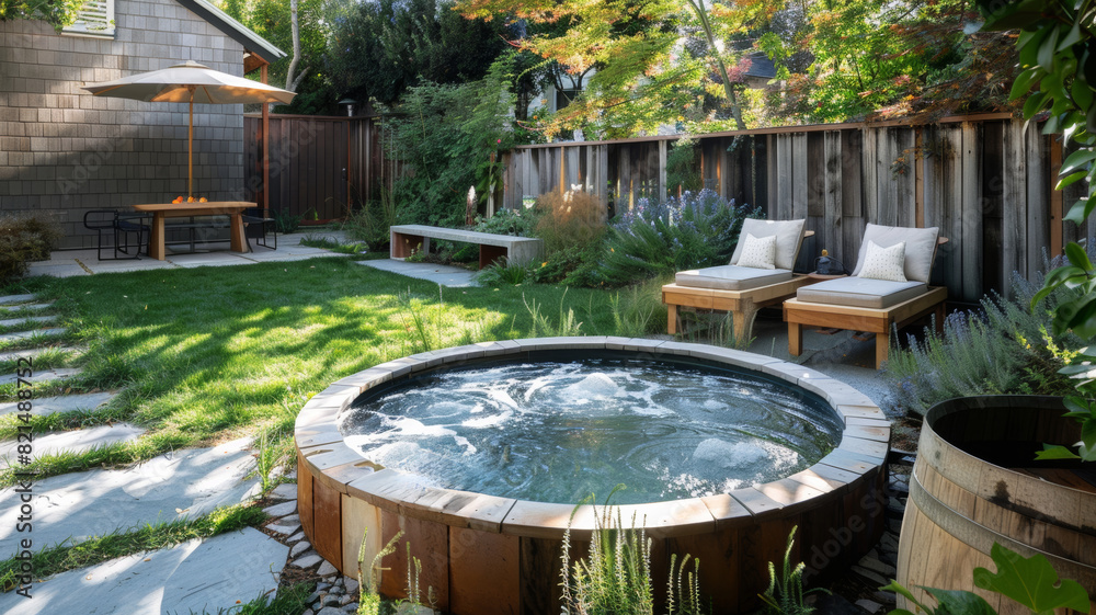 Fototapeta premium Backyard cold plunge tank in residential backyard