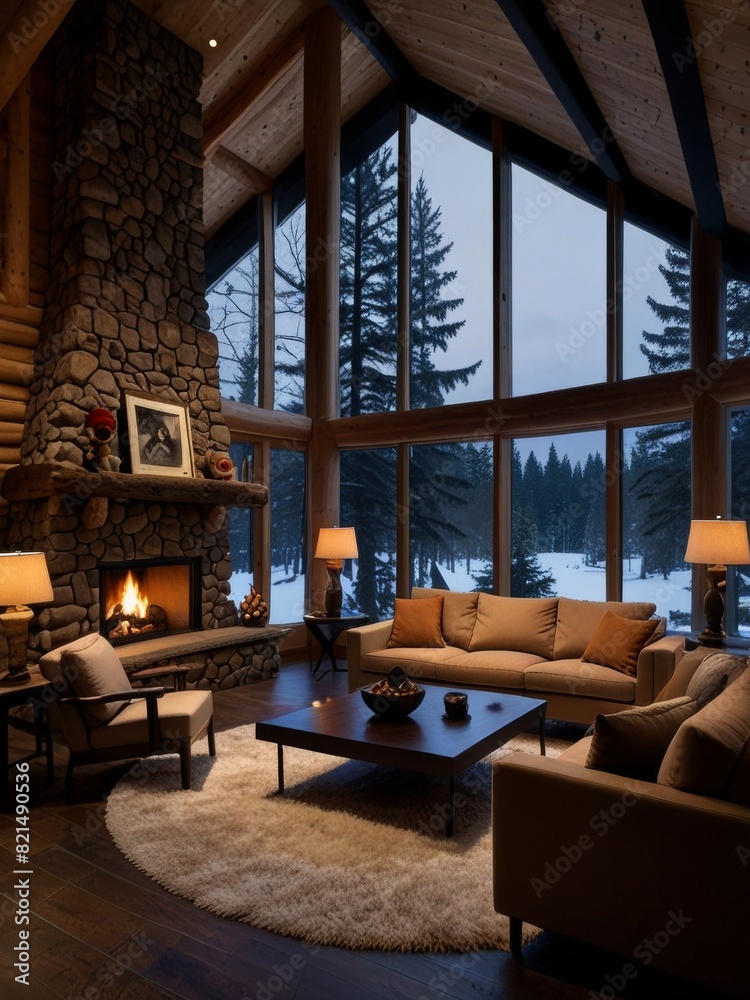 A double-height ceiling living room with a large, floor-to-ceiling window on one side log cabin