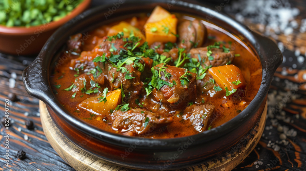 traditional hungarian gulash suop gulyásleves in an iron pot traditional hungarian gulash suop gulyásleves in an iron pot