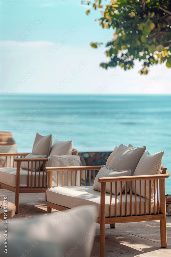 Wooden furniture on the terrace with sea view