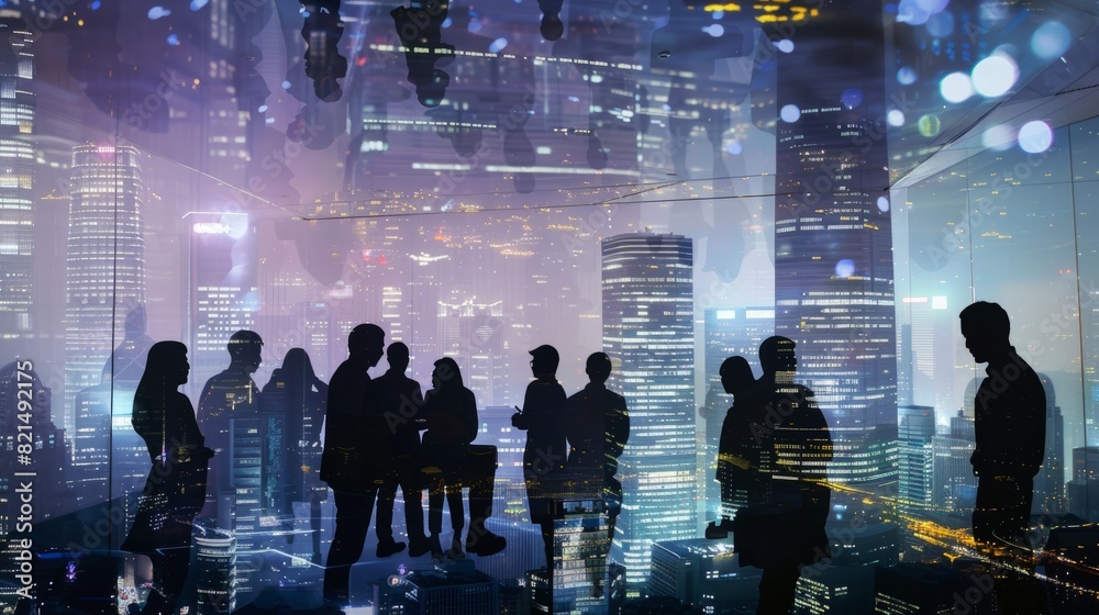 Double exposure image of many business people conference group meeting on city office building in background showing partnership success of business deal. Concept of teamwork Double exposure image of many business people conference group meeting on city office building in background showing partnership success of business deal. Concept of teamwork
