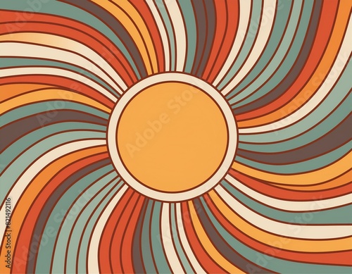 Retro groovy sun background. Colorful 60s and 70s circular stripes style illustration design