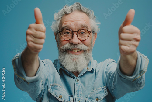 Middle-aged man giving thumbs up, happy expression, cheerful, blue background