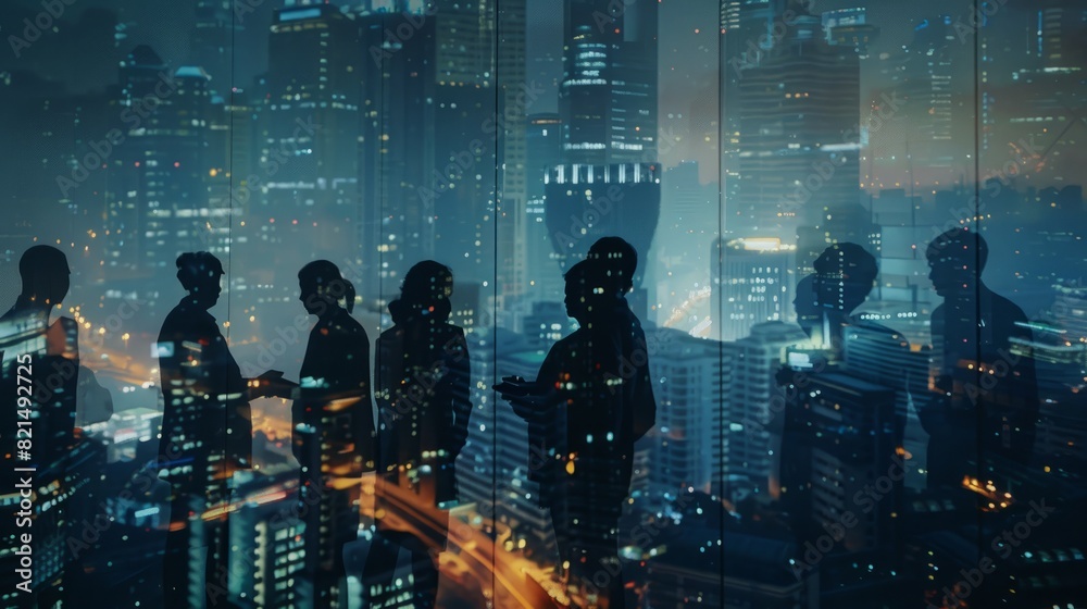 © SHI - Double exposure image of many business people conference group meeting on city office building in background showing  partnership success of business deal.        Concept of teamwork