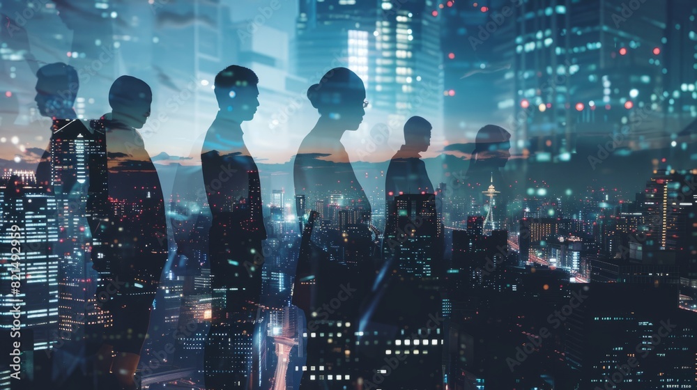 Double exposure image of many business people conference group meeting on city office building in background showing partnership success of business deal. Concept of teamwork Double exposure image of many business people conference group meeting on city office building in background showing partnership success of business deal. Concept of teamwork
