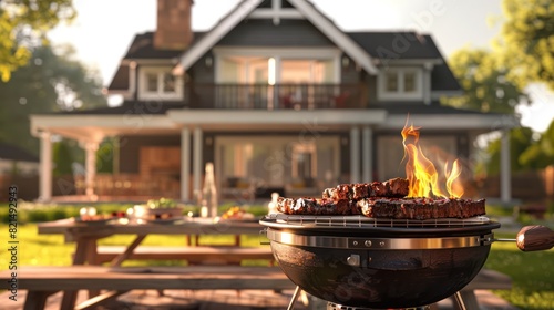 BBQ grill beef steak smoke stove in the backyard during summer vacation.