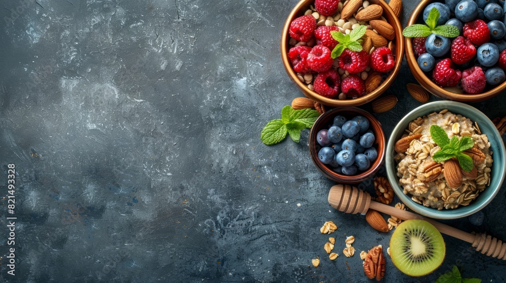 Flat lay of a healthy breakfast: bowls of oatmeal, fresh berries, nuts, and honey on a rustic table Flat lay of a healthy breakfast: bowls of oatmeal, fresh berries, nuts, and honey on a rustic table