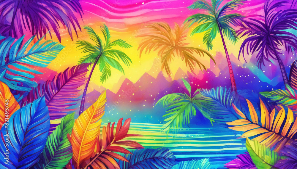 Colorful tropic summer background, abstract watercolor, illustration.
