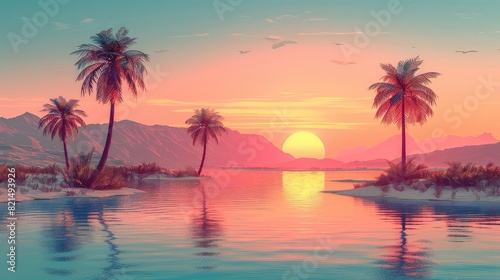 Oasis with palm trees flat design side view desert refuge theme water color Analogous Color Scheme