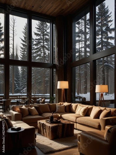 A double-height ceiling living room with a large, floor-to-ceiling window on one side log cabin