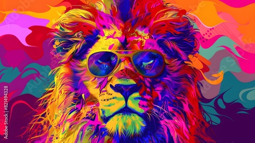 Abstract animal king of Lion portrait with colorful Afro hairs wearing sunglasses in Hawaii dress theme  Vibrant bright gradients background